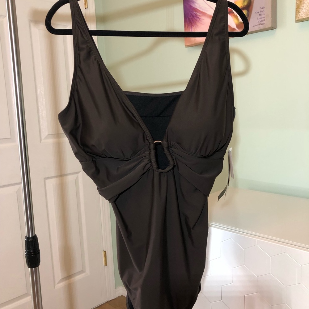 Simon Chang Chocolate Brown One Piece Swimsuit with gold detail